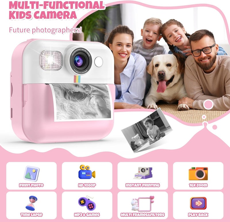 BOFIDAR Instant Print Camera for Kids, Christmas Birthday Gifts for Girls Age 3-10, Toddler Toy for 3 4 5 6 7 8 9 10 Year Old Girls with 3 Roller Photo Paper (Pink) - Image 2